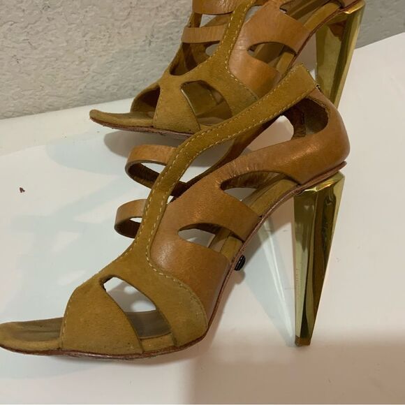 L.A.M.B. Tan Leather And Suede Strappy Sandals With Gold Heel Size 6 M - Picture 5 of 15